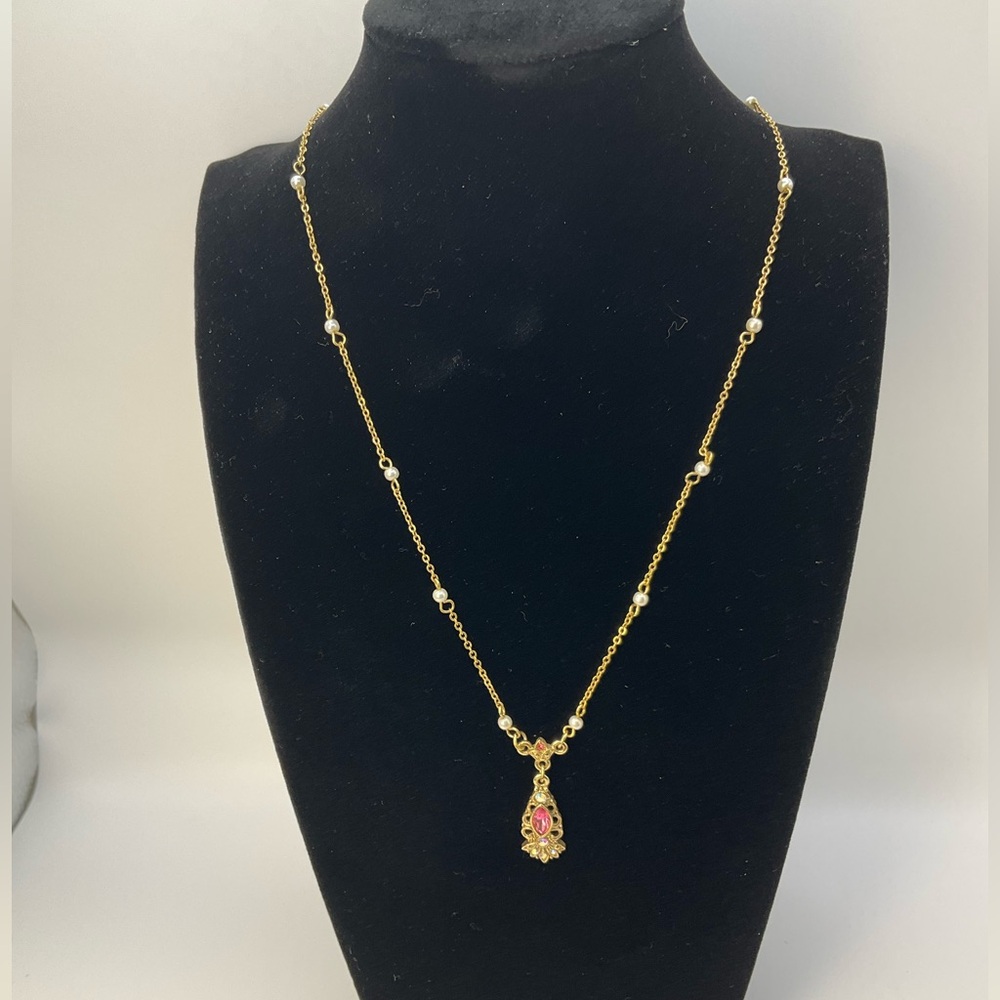 Signed 1928 Gold Tone Faux Pearl Station Necklace Pink Rhinestone Pendant